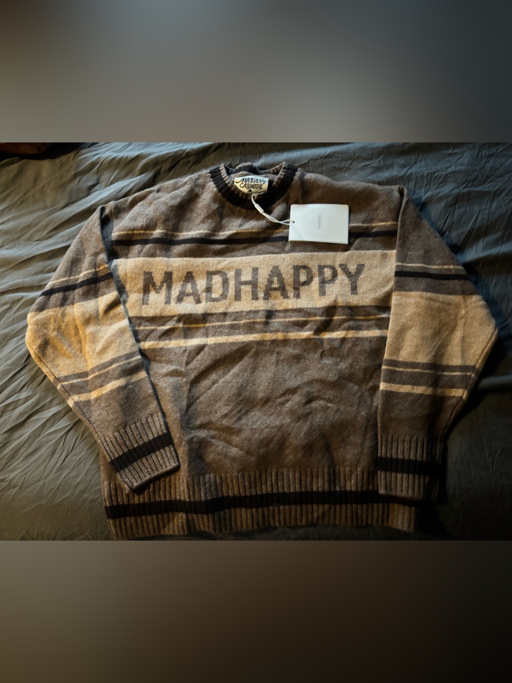 MADHAPPY Brown Striped Logo Crewneck Sweater